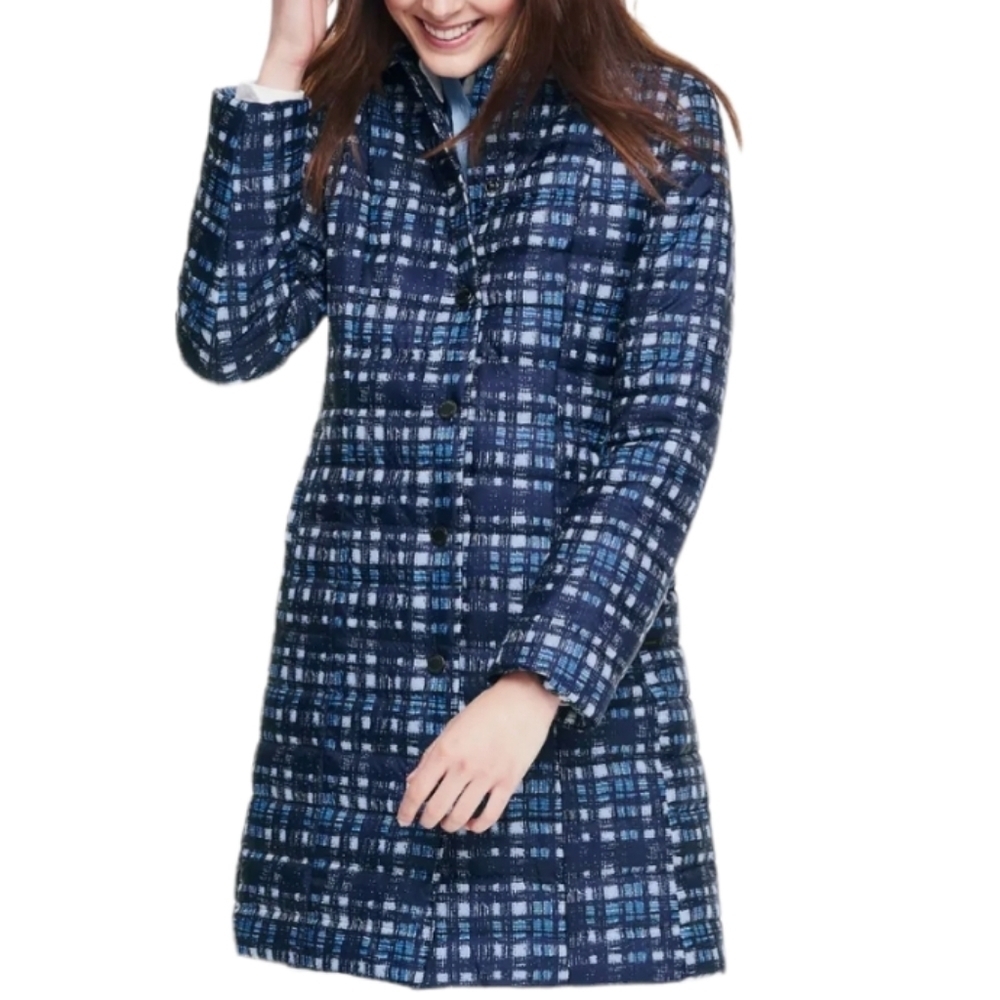 NWT Lands' End PrimaLoft Long Plaid Quilted Puffer Coat Blue White Size 4